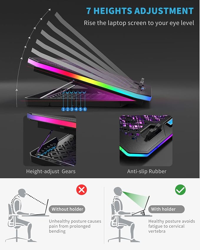 Laptop Cooling Pad KeiBn RGB Laptop Cooler for 15.6-17.3 Inch Laptops with 10 Modes Lights | 6 Fans | 7 Height Stands | 2 USB Ports | Desk or Lap Use (A8/Purple)