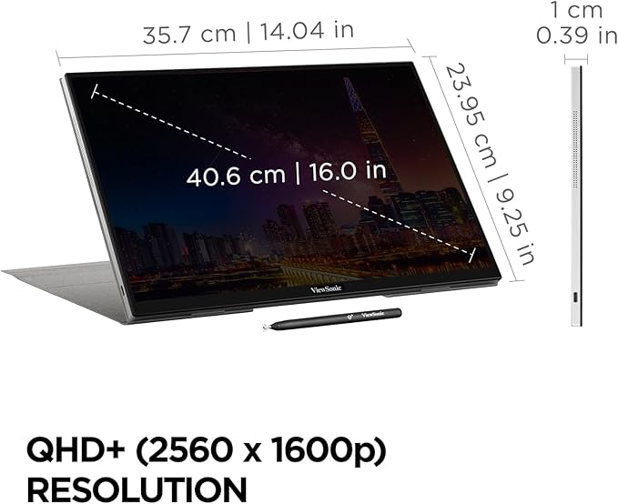 ViewSonic TD1656-2K 16 Inch WQXGA 1600p IPS Touchscreen Portable Monitor with 2 Way Powered 65W USB C and Smart Cover with Built-in Stand
