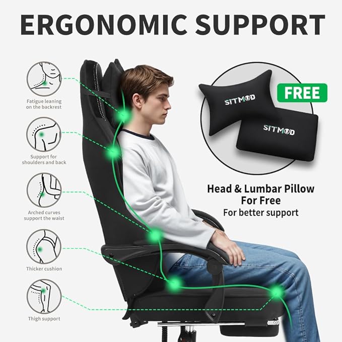 Gaming Chair Fabric with Pocket Spring CushionErgonomic Computer Office Chair Cloth with Footrest and HeadrestHigh Back Game Chair with Lumbar SupportAdjustable Backrest for AdultsBlack