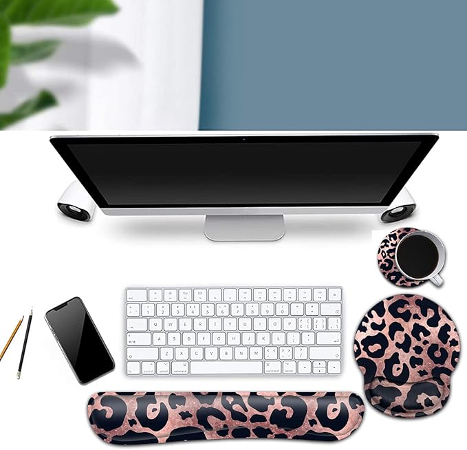 Ergonomic Mouse Pad Gel Wrist Support and Memory Foam Keyboard Wrist Rest Set for Gaming Computer Office Laptop Easy Typing Wireless Mouse Mat Black Leopard Rose Pink Pattern Office Desk Pad