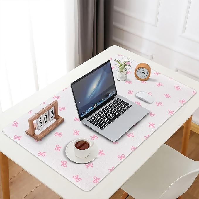 Cute Pink Bow Extended Gaming Keyboard Mouse Pad Non-Slip White Leather Home Office Desk Mat Protector Laptop Desk Pad Writing Pad