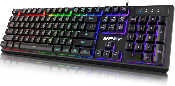 NPET K10 Wired Gaming Keyboard LED Backlit Spill-Resistant Design Multimedia Keys Quiet Silent USB Membrane Keyboard for Desktop Computer PC (Black)