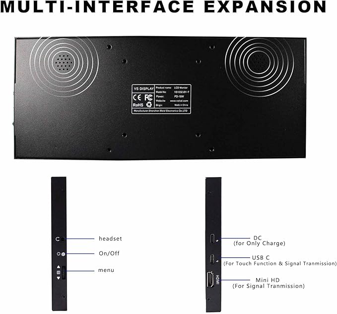 VSDISPLAY 12.3 Inch Touchscreen Monitor 1920x720 IPS Stretched Bar LCD with Dual Speakers for PC Computer Laptop Secondary Display Monitoring