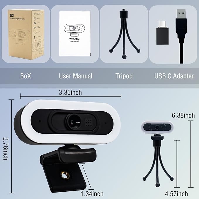 W4 2K Autofocus Webcam with Dual Mics &amp LED Light 1080P 60fps/2K 50fps USB Streaming Camera for PC Laptop Switch 2 Desktop - Plug and Play