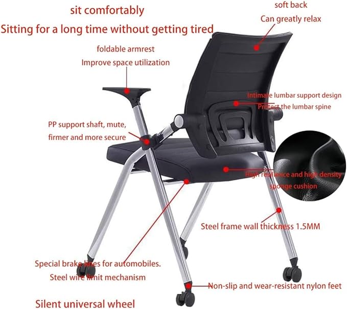 Comfortable Foldable Office Home Office ChairFolding Chair with Wheels Desk Chairs for Bedroom with Padded Seats Small SpacesGaming Ergonomic Foldable armrest360° RotationBlack