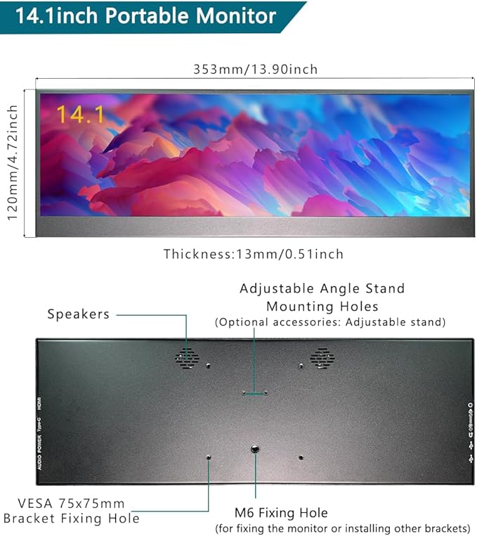 14.1 inch Temp Display Stretched Bar LCD Touch Strip Display USB C &amp HDMI 1920x550 IPS Sub Extender mini Wide Monitor for GPU CPU Data Monitoring PC Case