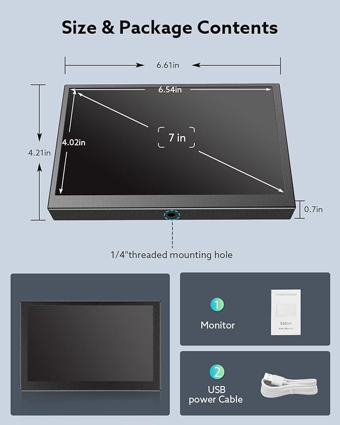 Eyoyo 7 inch Small Mini Monitor 1024x600 Resolution Car Rear View TFT LCD Screen Display with HDMI/VGA/AV Video Input for PC DVD DVR CCD 140° Wide Angle Metal Housing