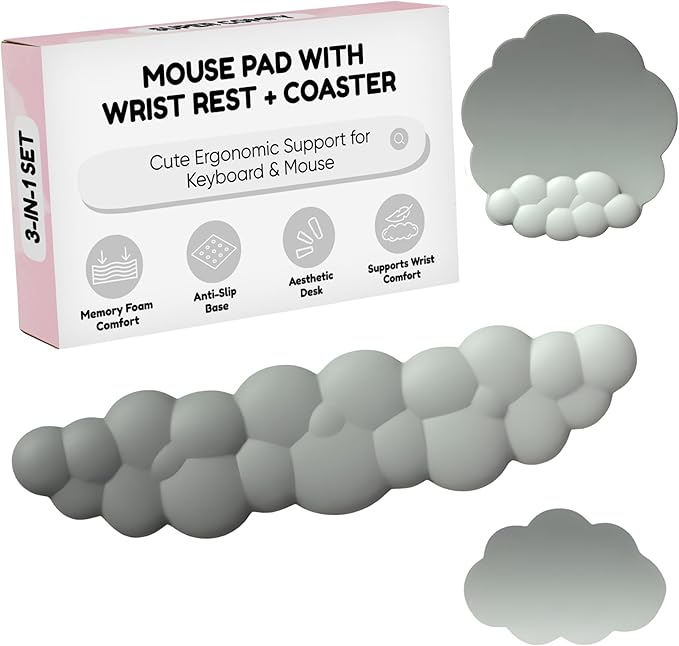 THONIV - Cloud Wrist Rest for Keyboard and Mouse Soft Memory Foam Support with Non-Slip Base Cute Cloud Design for Typing Gaming Office Bonus Coaster Included for Desk Aesthetic (Green Gradient)