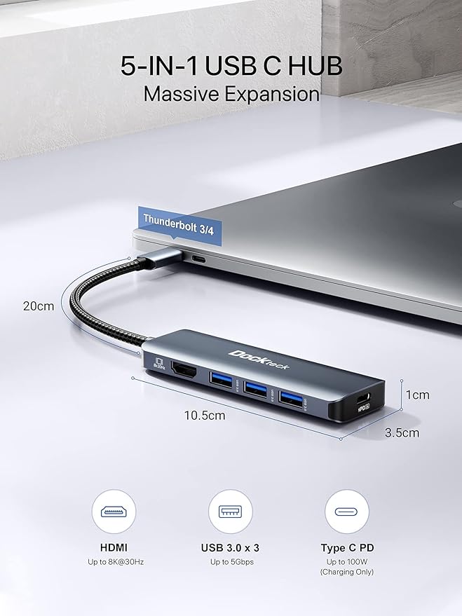 Dockteck 5-in-1 USB-C Multiport Adapter 8K HDMI 100W PD 3 x USB 3.0 for Steam Deck MacBook Pro/Air M1 iPad Pro/Air Surface Pro 7/8/X