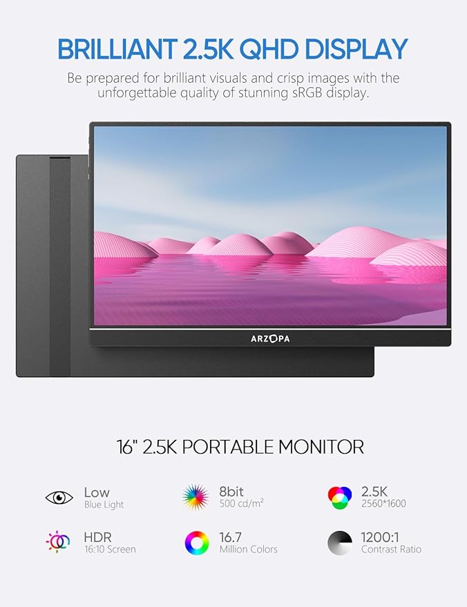 ARZOPA 16 2.5K Portable Monitor 2560x1600 QHD 123% sRGB IPS Display and 16.1 Portable Monitor Sleeve Case Bundle