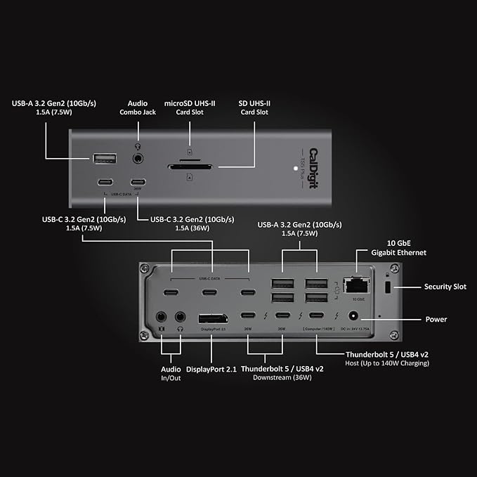 CalDigit TS5 Plus - Thunderbolt 5 Dock - 20 Port10GbE 140W Dedicated Host Charging Thunderbolt 5 x3 USB 10Gb/s x10 Dual USB Controllers Up to Dual 8K 60Hz Displays 1.0m Braided Cable 330W PSU