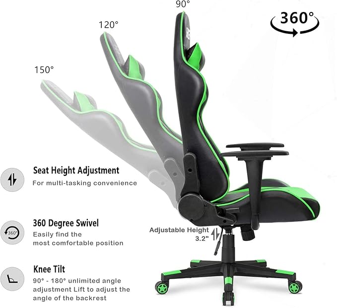 WANYE High Density Foam Gaming Chair -Cheap High Back Gaming Chair with Racing Design Synthetic Leather Green