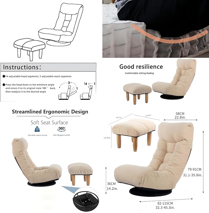 360° Swivel Floor Gaming Chair Floor Chair 14 Adjustable Head Segments 3 Waist Segments Ergonomic Recliner for Gaming Reading Living Room Includes Footrests (White)