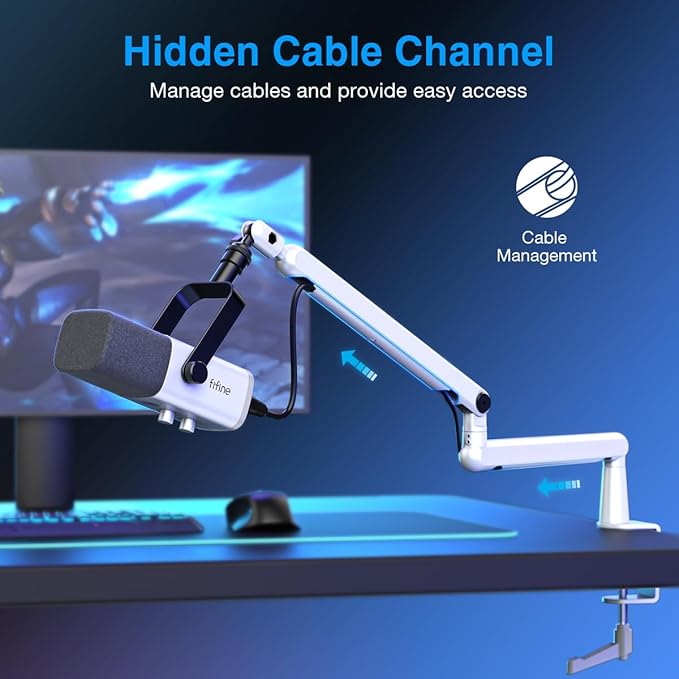 FIFINE Gaming XLR/USB Microphone and Mic Stand BundleRGB Dynamic Mic with Mute ButtonVolume Control Low Profile Boom Arm Kit with Cable Management for Recording Video Creation (AM8W+BM88W)