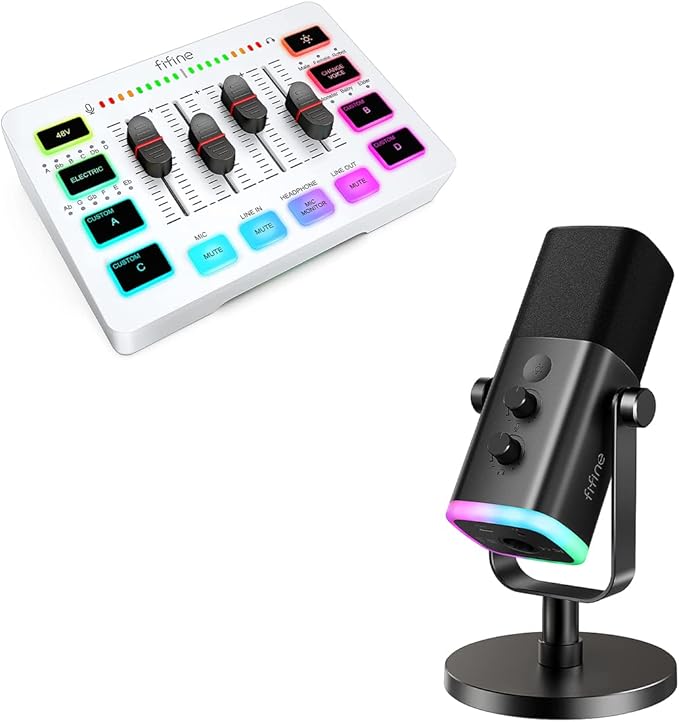 FIFINE XLR/USB Dynamic Microphone and Gaming Streaming PC Mixer SetComputer Mic with RGB LightMute ButtonAudio Mixer with XLR Microphone Interface Kit for Video/Game Voice/Podcast(AM8+SC3W)
