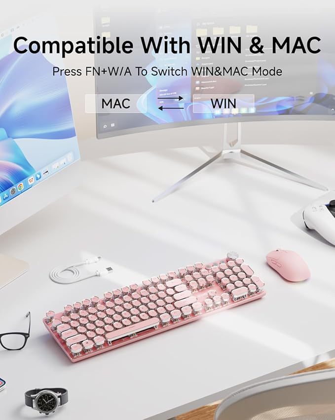 EWEADN Typewriter Style Mechanical Keyboard Wired Typewriter Keyboards104 Keys Backlit LED Metal Keyboards Media Control Knob Wired Computer Keyboard White Switch for Windows/Mac/PC-Dark Pink