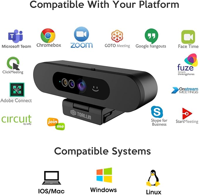TOALLIN 1080P Webcam for Windows Hello Face Login IR Facial Recognition Windows Hello Compatible Webcam with Microphone Computer Camera Wide Angle View USB Web Camera with Privacy Cover