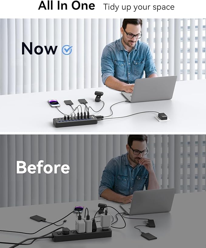 Powered USB Hub Wenter 10-Ports USB Splitter Hub 3.0 with Individual LED On/Off Switches and USB A-C Adapter 12V/3A Power AdapterPowered USB 3.0 Hub for PC Laptop Desktop