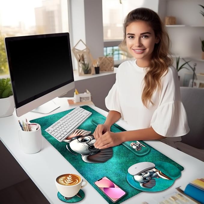 Desk Mat Pad Large Gaming Mouse Pad with Wrist Rest Wrist Support Ergonomic Mouse Pad Keyboard Mat Wrist Rest Cup Coaster Home Office Desk Accessories Decor Supplies Cute Elephant