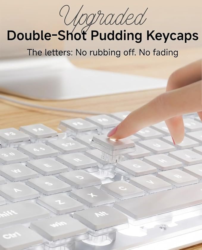 EWEADN GX710S Backlit Computer Keyboards Wired USB Keyboard with White Backlit Metal Panel Plug and Play Pudding Keycaps Full Size Quite Computer Keyboard for Win/PC/Laptop-White