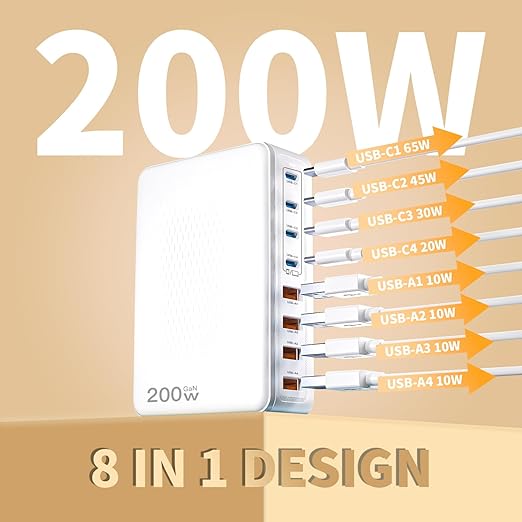 USB C Charger Block200W Type C Charger Fast Charging8 Port USB C &amp A Charging Station GaN III Desktop Hub Block Laptop Adapter for Apple iPhone Air/17/16/15iPad Pro/Air/MiniMacBook Pro/AirSam