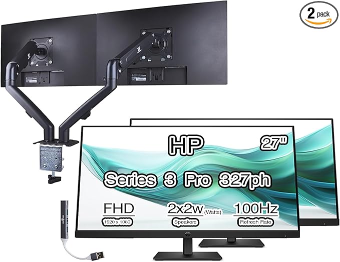 HP Series 3 Pro 327ph 27 FHD IPS Monitor with 5ms Response Time Built-in 2x2W Speakers Anti-Glare Flicker Free VESA Mount (100mm) HDMI (B0CG8UT#ABA) 2 Pack w/DKZ Hub &amp ErgoFlexy Dual Mount A