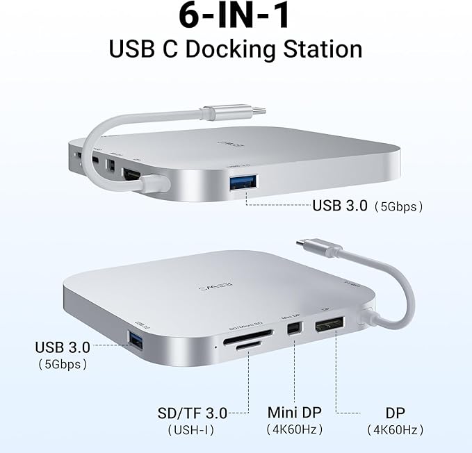 6-in-1 USB-C Dock for Mac mini M4 – 4K@60Hz Mini DP USB C Hub Multiport Adapter with USB C to 4K@60Hz DP 2 USB 3.0 Ports TF/SD Card Slot Docking Station for Mac mini M4/M4 Pro
