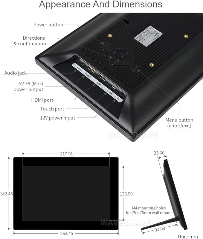 waveshare 10.1inch HD Capacitive Touch Screen LCD Compatible with Raspberry Pi 4B/3B+/3A+/2B/B+/A+/Zero/Zero W/WH/Zero 2W CM3+/4 1920×1200 Resolution HDMI IPS Supports Windows/Jetson Nano
