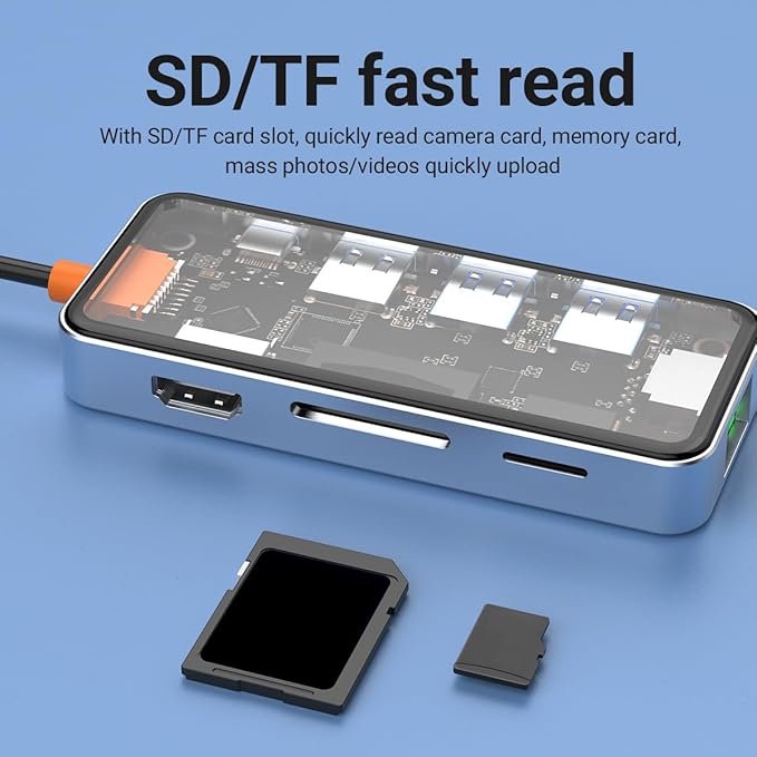 DroiX NT8 Clear USB Hub with Ultra-Fast RJ45 Gigabit Ethernet 4K HDMI 2.0 Output Rapid 100W PD Charging Versatile 3X USB Type-A 3.0 Ports Dual Micro/SD Card Readers Sleek Design.