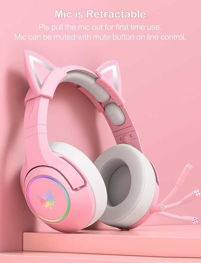 Cat Ear Gaming Cute Headset Wired Over-Ear Headphones with Retractable Microphone Surround Sound LED Backlight for PS4 PS5 PC Mobile Phone (Light Pink)