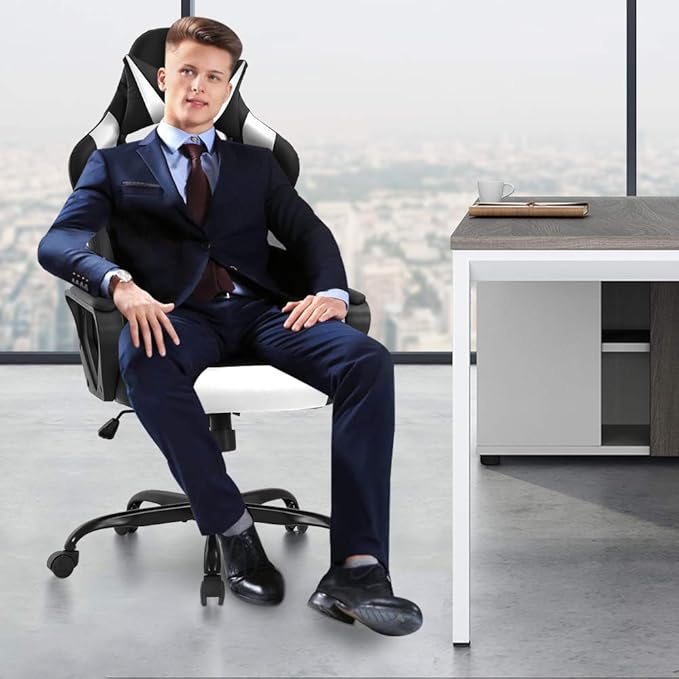 Modern Gaming Chair Ergonomic High Back PU Leather Office Chair with Lumbar Support White