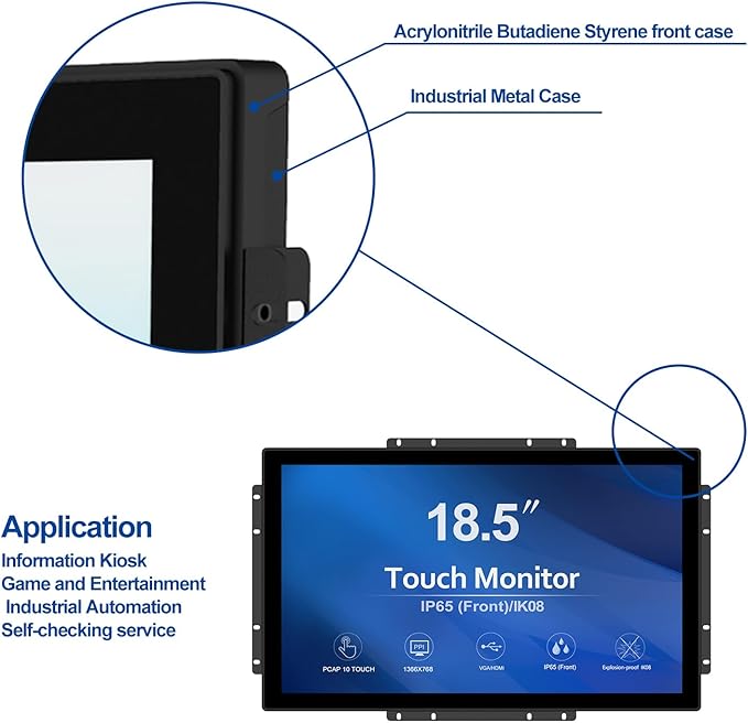 GreenTouch 18.5 Industrial Touch Monitor Open Frame HDMI/VGA/DVI Interface Built-in Speakers Capacitive Touch Screen Technology