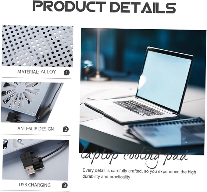Homoyoyo Aluminum Alloy Laptop Cooler Stand with USB Fan Ventilated Support to 17.3 Inch Notebooks Quiet Gaming Laptop Cooling Pad in Gray for Home and Office Use