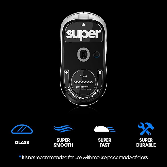Superglide Glass Mouse Skates - Super Smooth Glide Polished Round Edge Super Fast Gaming Mouse Feet with Durable Sole for Logitech G Pro X Superlight2 (Type-S Black)