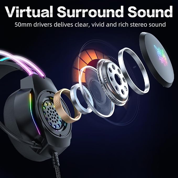 Gaming Headset with Microphone Deer Ears Headphones for PC Laptop PS4 PS5 Xbox Switch Rainbow RGB Lighting &amp Virtual Surround Sound 3.5mm Over Ear Headphones Ergonomic