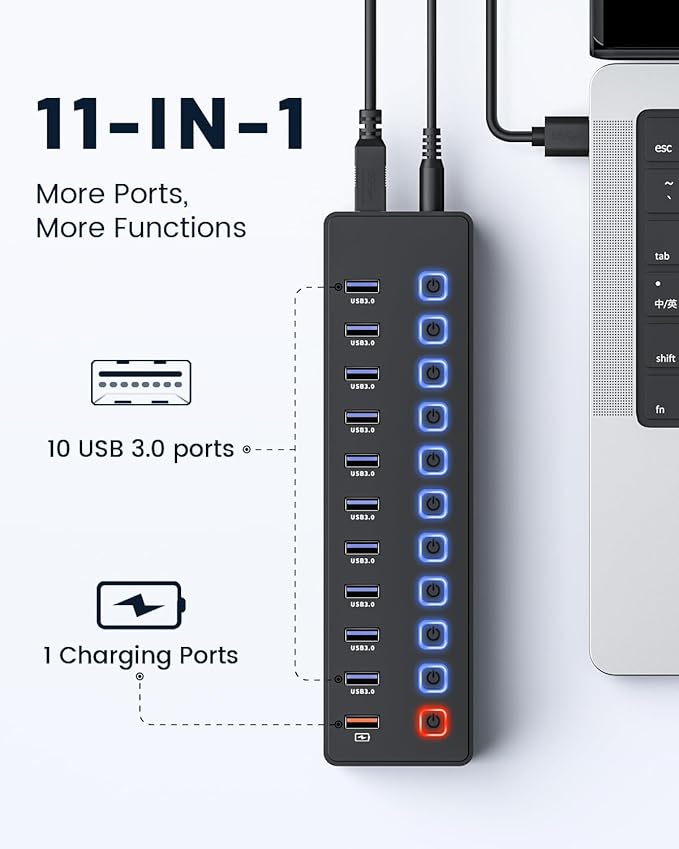 USB hubPowered USB hub 11-Port hub Splitter10 USB 3.0 Data Transfer Port + 1 Smart Charging PortIndependent Switch (with LED Working Indicator) USB 3.0 Hub Powered with Power Adapter for Mac/PC