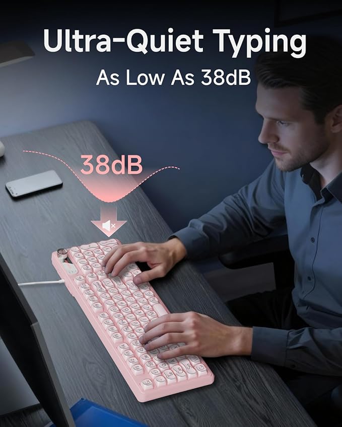 V102 Wired Keyboard 98 Keys Creamy Gaming Keyboard with Number Pad Display Screen &amp Media Knob RGB Silent Wired Cute Computer Keyboard for Laptop PC Gamer - Pink