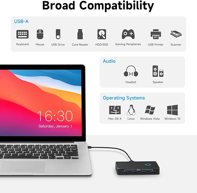RSHTECH USB 3.0 Switch Selector Aluminum with 4 USB-3.0 Ports 3.5mm Audio Jack 2 Computers Sharing 5 Peripheral Devices USB KM Switcher hub with 2 USB Cable for Keyboard Mouse Printer