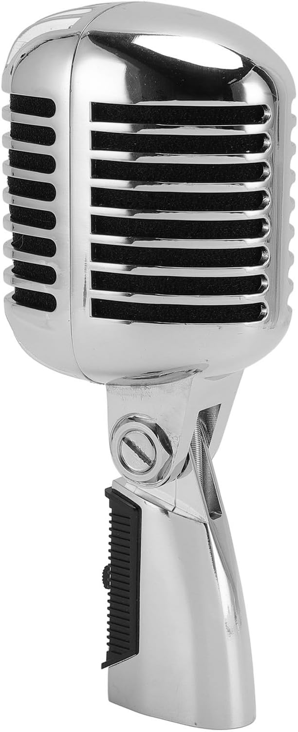 CHICIRIS Vintage Dynamic Microphone with Rack for Flexible Positioning in Karaoke Parties (Silver)