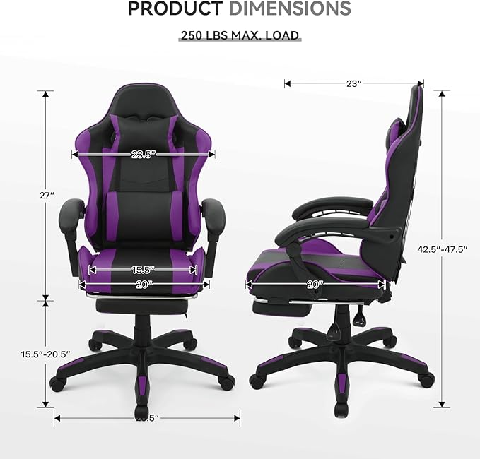 Gaming Chair Ergonomic Computer Chairs with Arms Lumbar Support Footrest Headrest 360°Swivel Chair Adjustable Back and Height Leather PC Chairs for Gaming Study Office Black/Purple