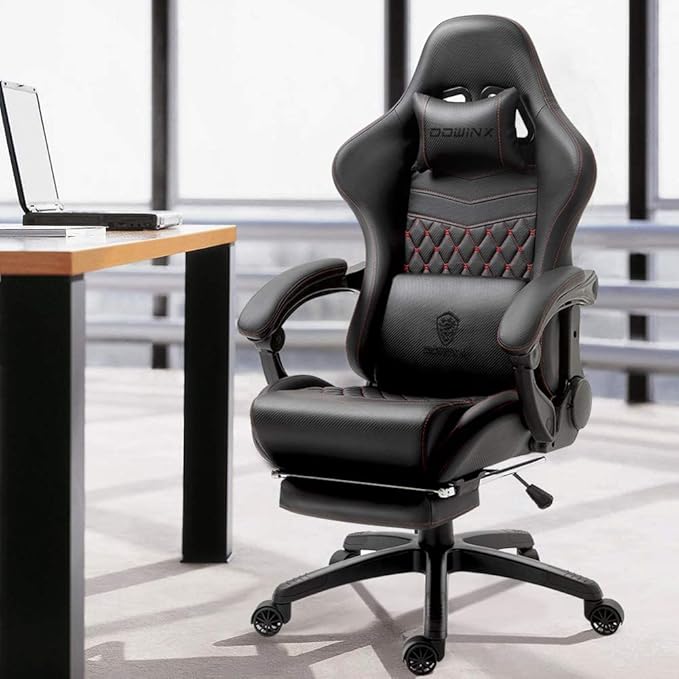 Dowinx Gaming Chair Big and Tall Ergonomic Game Chair for Adults with Footrest and Massage Lumbar Support High Back Computer Gamer Chair PU Leather 350Lbs for Office Home Black