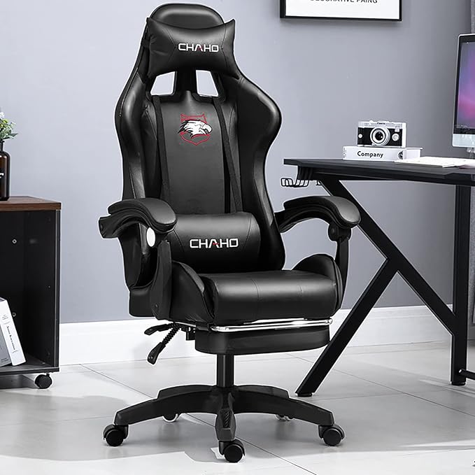 Gaming Chair Computer Chair with Footrest and Lumbar Support Height Adjustable Game Chair with 360°-Swivel Seat and Headrest and for Office or Gaming (BlackRegular Style)