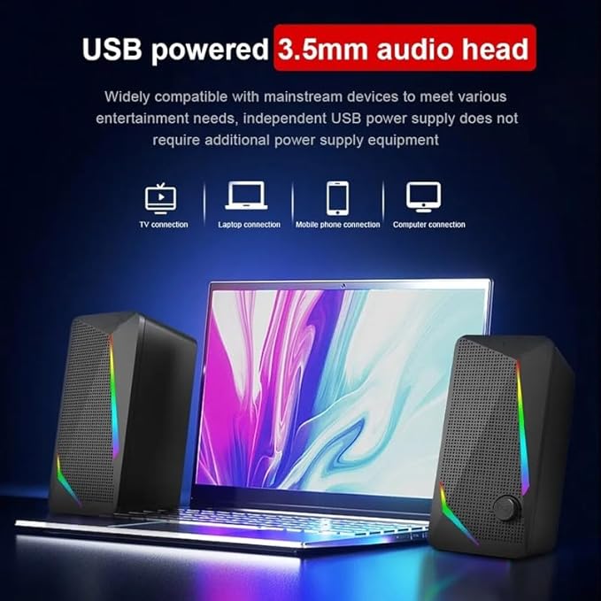 3.5mm Aux 2.0 Stereo Surround Music RGB Gaming Speakers Sound Bar for Computer Desktop PC Loudspeakers