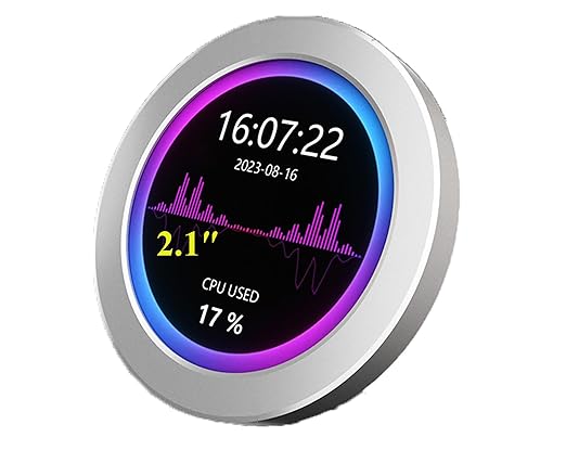 2.1inch USB Monitor 480×480 Pixel-Water Cooler Screen/PC Case Secondary Screen/Desktop RGB Ambient Screen with Music Spectrum Analysis Function Various Data Monitoring CNC Metal Case Silver