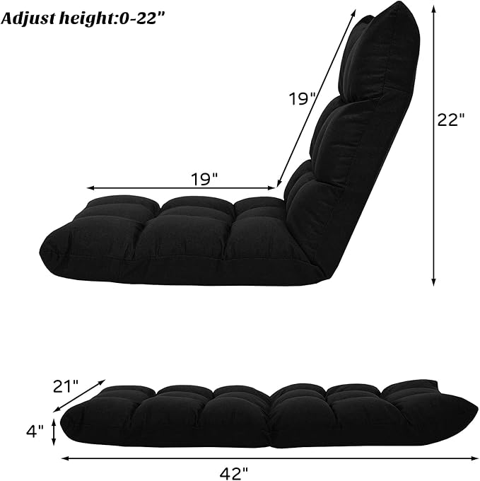 Giantex Adjustable Floor Gaming Sofa Chair 14-Position Cushioned Folding Lazy Recliner High Resilience Sponge Breathable Cotton &amp Linen Fabric Sleeper Bed Couch Recliner with Removable Cover (Bla