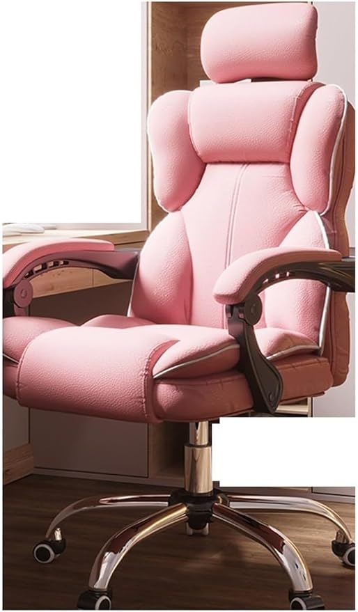 Computer Chair Household Office Chair Gaming Backrest Stool Scroll Wheel Pedal Headrest Latex Leather Rotatable Lifting Chair (Color : Pink B)