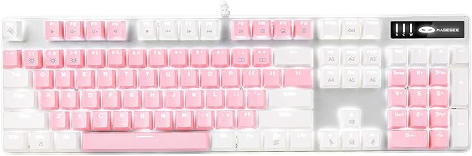 MageGee Mechanical Gaming Keyboard New Upgraded Blue Switch 104 Keys White Backlit Keyboards USB Wired Mechanical Computer Keyboard for Laptop Desktop PC Gamers(White &amp Pink)