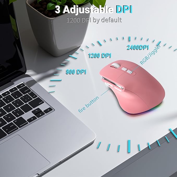 Ergonomic Mouse JigglerBluetooth Vertical Wireless MouseLED Rechargeable Optical Computer Mice Portable(BT5.2 or USB 2.4GHz) Dual Mode1000/1600/2400 DPI8 Buttons for LaptopPCMacbook (pink)