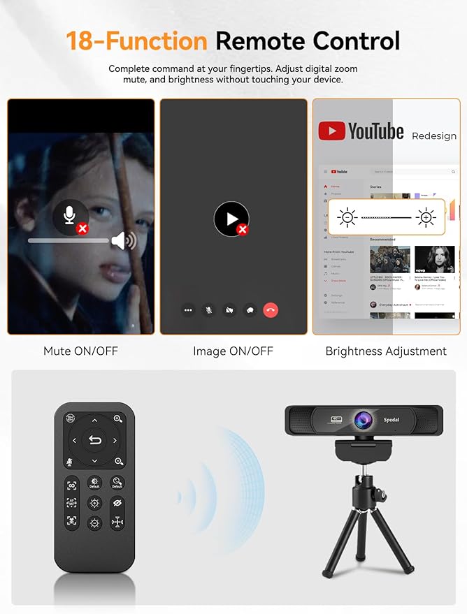 Spedal 4K Webcam with Tripod Wide Angle 120° USB Webcam Sony 1/2.8 Sensor Dual Microphones Remote Control Auto Focus for Video Conferencing Online Meetings Streaming Zoom &amp Teams