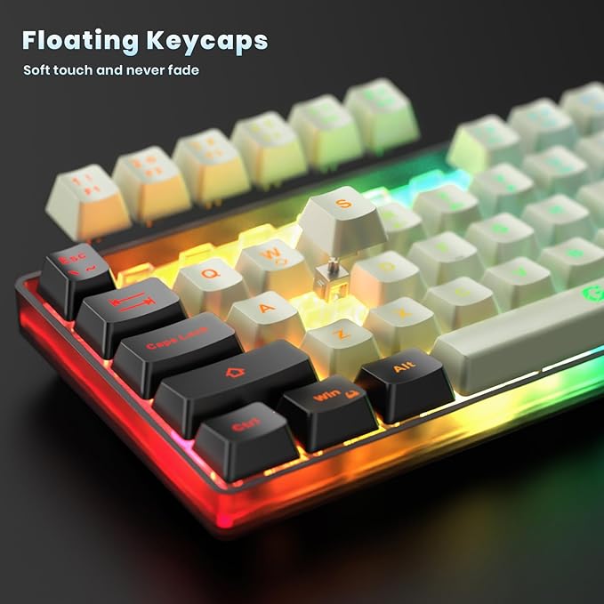 65% Wireless Gaming Keyboard: LED Backlit 68 Keys Ultra-Compact Anti-ghosting No-Conflict Wireless Keyboard for PC Laptop Windows Gamer(White-Black)